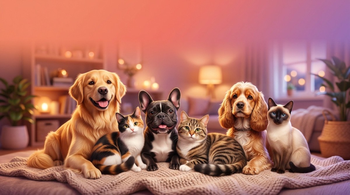 Illustrated hero: diverse dogs and cats — AI-generated artwork for the PetHub breeds library